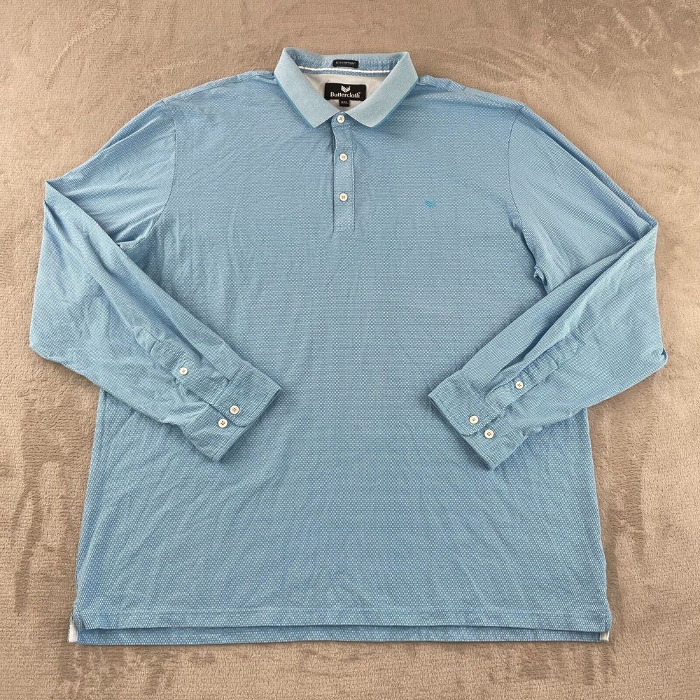 Butter Cloth‎ Polo Shirt Men 3XL Blue Icy Cotton Stretch Long Sleeve Logo NWOT